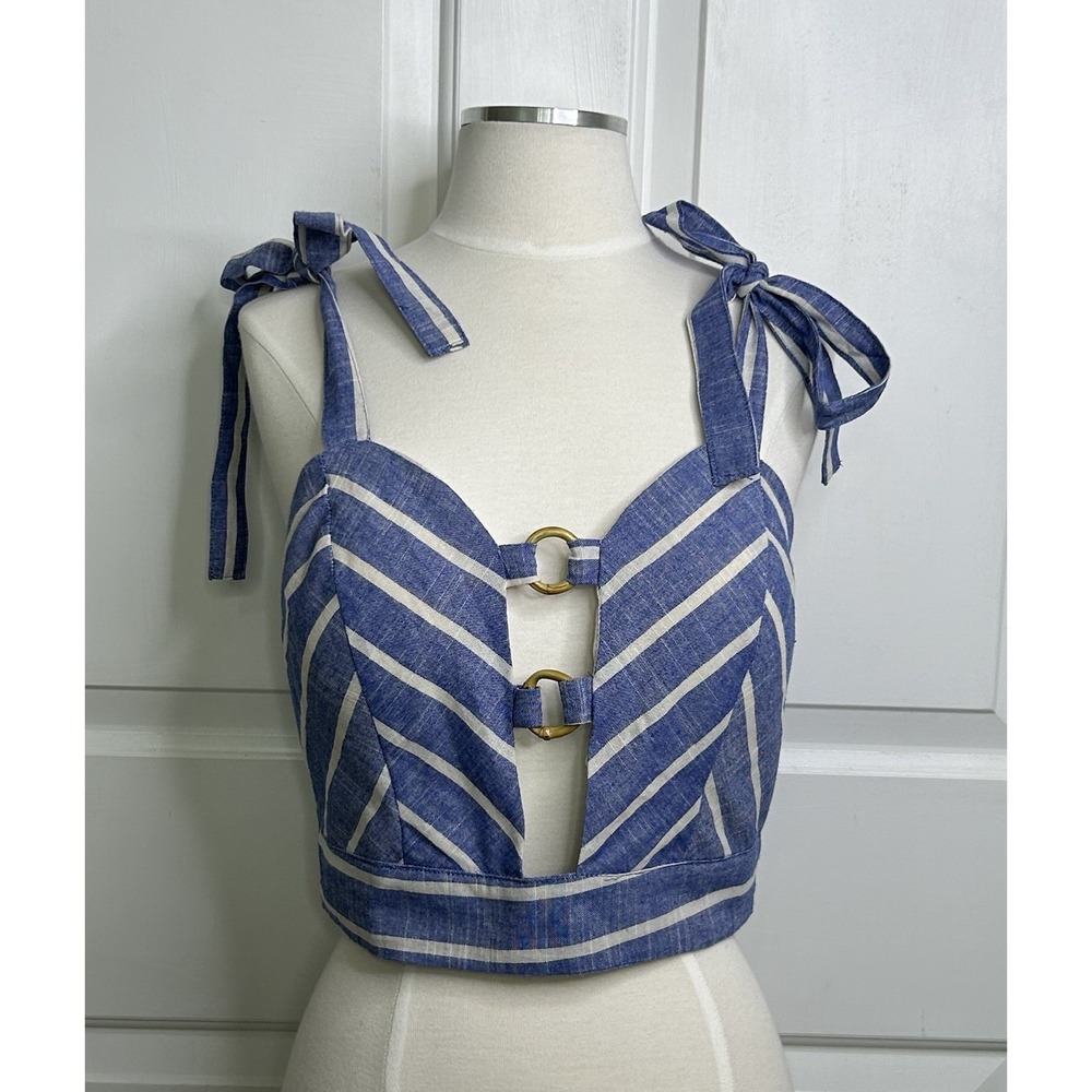 AZUCAR Crop Top Smocked Back Womens Medium Blue White Striped Coastal Tie Accent